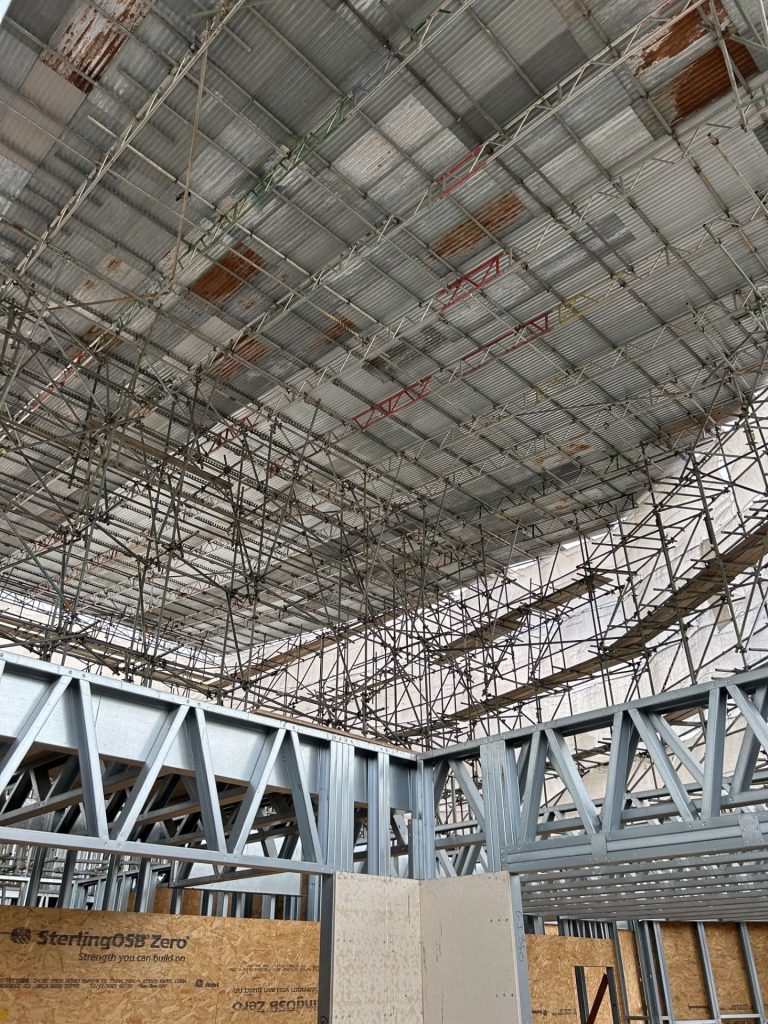 Temporary roof scaffolding on building project